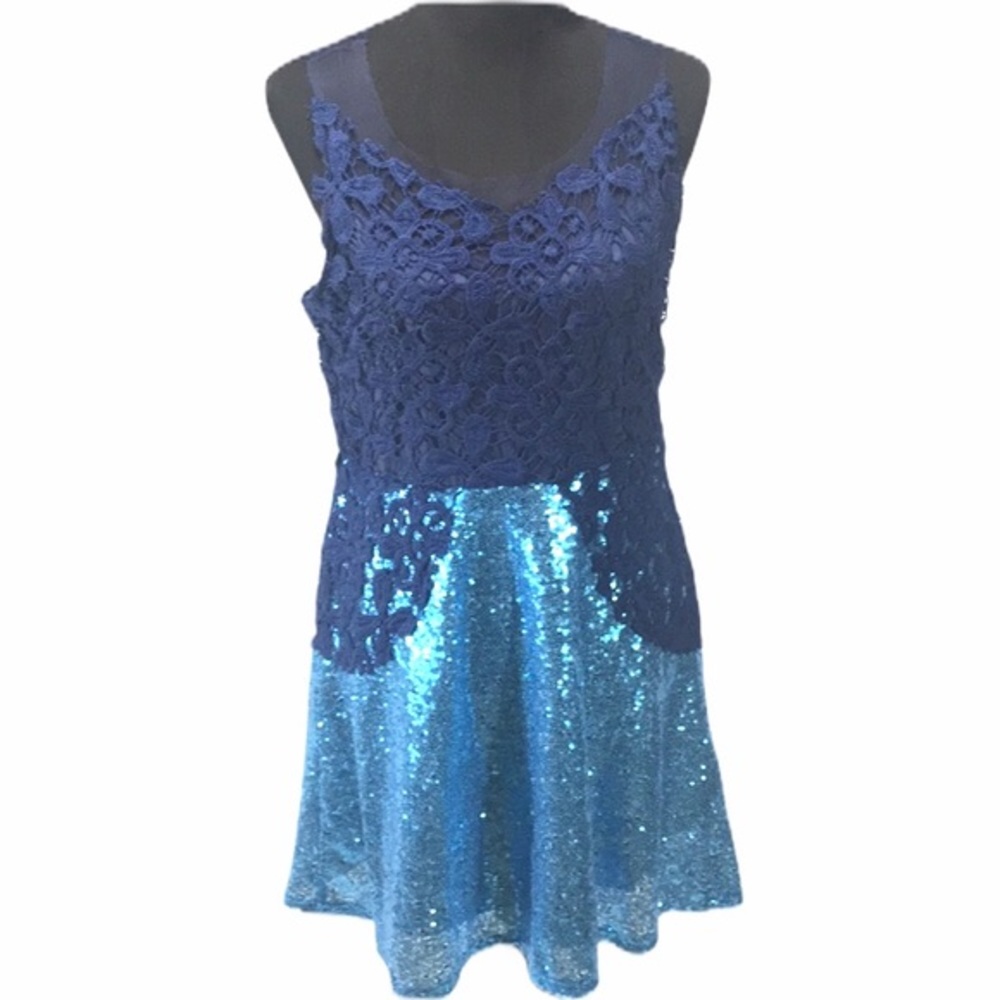 Man Xi Shang Sequin, Mesh & Knit Dress Blue Medium
